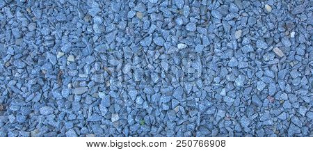 Granite Gravel Of Macadam, Rock Blue Gray Crushed For Construction On The Ground, Scree Texture Back