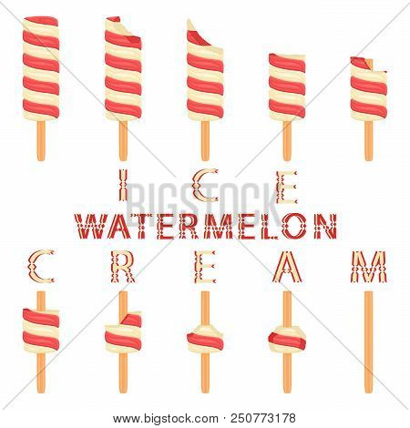 Vector Illustration Logo For Natural Watermelon Ice Cream On Stick. Ice Cream Pattern Consisting Of 