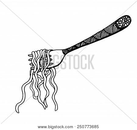 Black And White Doodle Noodle At Fork, Hand Drawing