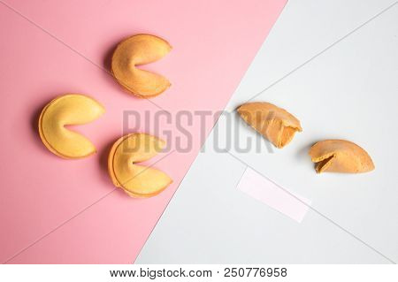 Fortune Cookie On Pink And Blue Background, Pastel Colors