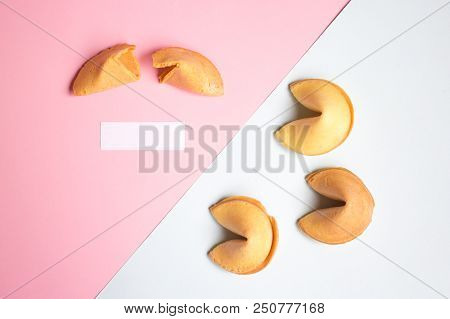 Fortune Cookie On Pink And Blue Background, Pastel Colors, Copy Space