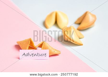 Fortune Cookie On Pink And Blue Background, Pastel Colors, Prediction Of Adventure