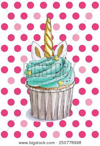 Cute Unicorn Cupcake With Turquoise Cream And Golden Horn On A Background With Raspberry Dots. It Ca