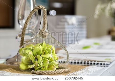 Wedding Decoration In Glass Bowl- Decoration For The Celebration. In The Foreground Decoration With 