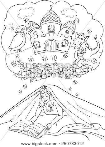 Girl Reading Book With Flashlight Under The Blanket On Bed Raster. Bubble Story About A Princess, A 