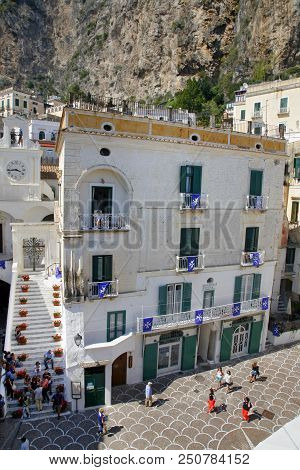 Atrani, Italy - June 03, 2012: The Village Of Atrani, Coast Of Amalfi, Campania, Italy, Europe