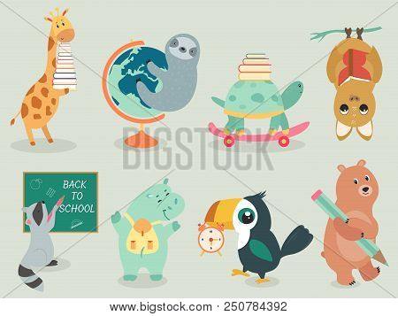 Back To School Animal Character Hand Drawn Style, Education Theme. Cute Giraffe, Sloth, Turtle, Bat,