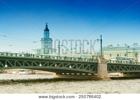 Saint-petersburg, Russia - Neva River Embankment Panoramic Landscape In Saint Petersburg, Russia. Tr