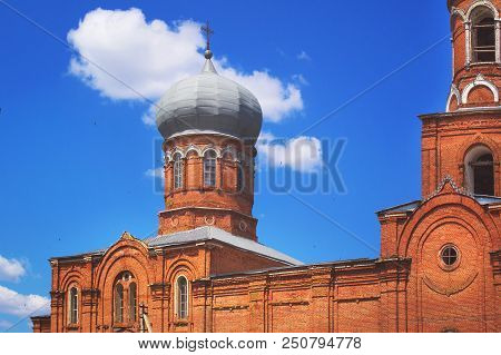Temple Of St. Michael's Village Podgornoye. Brick Russian Orthodox Church Of The 19Th Century, Built