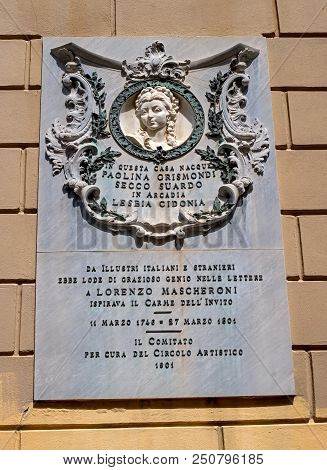 Bergamo, Italy - May 10, 2018: Memorial Tablet On The House In Which The Famous Italian Poet Polina 