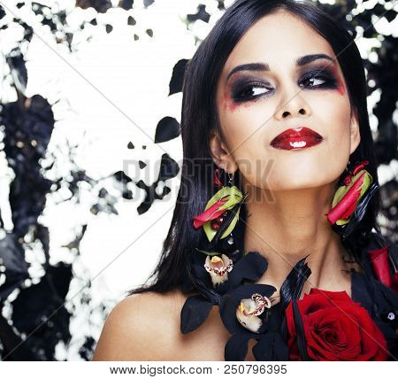 Pretty Brunette Woman With Rose Jewelry, Black And Red, Bright Make Up Kike A Vampire Closeup Red Li