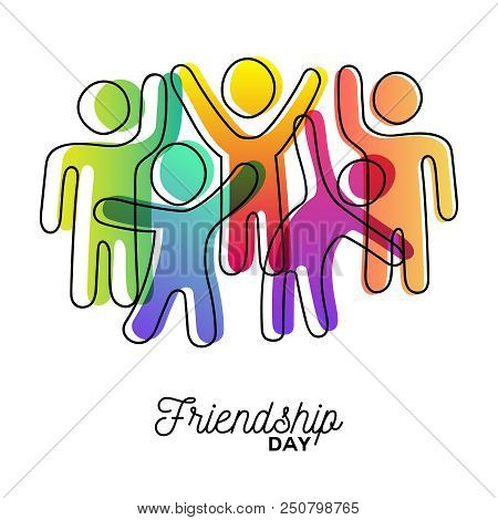 Happy Friendship Day Greeting Card. Colorful Diverse Friend Group Dancing For Special Event Celebrat