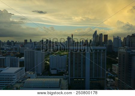 Bangkok, Thailand - Jul 3,2018 : Storm Clouds With Rain Passing Over Sky Of Bangkok Cityscape. 4k Ti