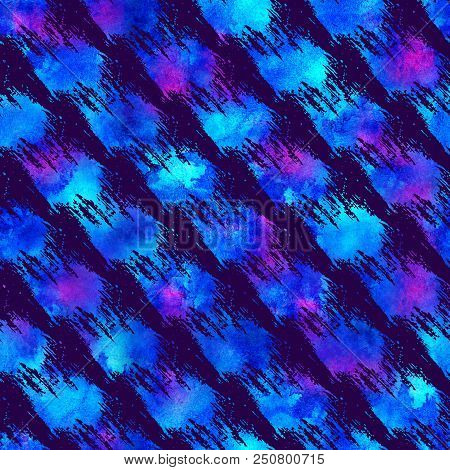 Colorful Seamless Pattern With Brush Strokes And Dots. Bluewatercolor Color On Dark Background. Hand
