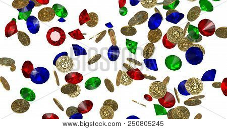 Rain Of Vintage Gold Coins With Skulls And Jemstones On White Background. Pirate Treasure. 3d Render
