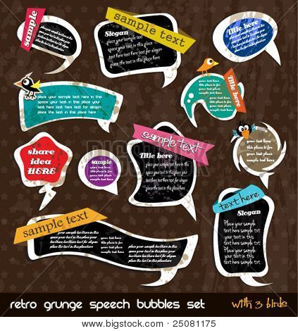 Grunge ย้อนยุคเสียงฟองกับเงาและนกน้อย 3 สไตล์การ์ตูนวินเทจ liq