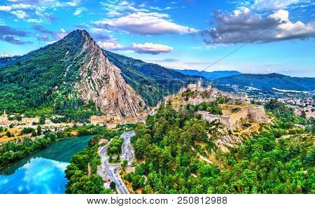 Aerial View Of Sisteron With Its Citadel And Le Rocher De La Baume. Provence, France