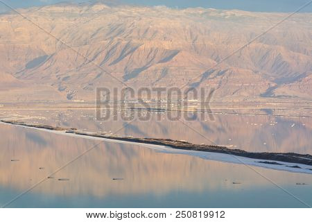 Sunset Over Lowest Salty Lake In World Below Sea Level Dead Sea, Full Of Minerals Near Luxury Vacati