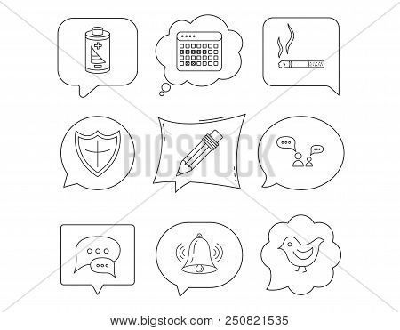 Battery, Pencil And Protection Shield Icons. Dialog Chat, Bell Rings And Vacation Calendar Linear Si