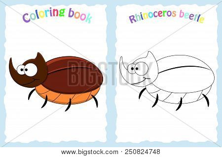 Coloring Book Page For Preschool Children With Colorful Rhinoceros Beetle And Sketch To Color