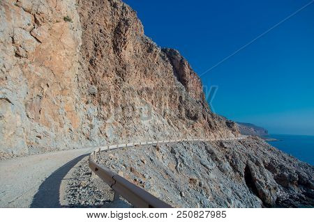 Countryside Road Near Mountains And Sea Coastine To Balos, Greece.