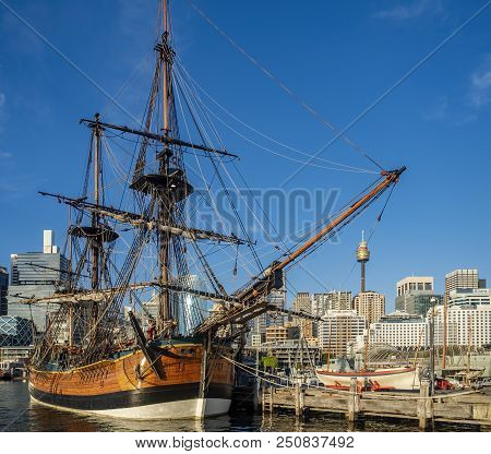 Sydney, Australia - May 23, 2017: At The Australian National Maritime Museum. Hmb Endeavour Replica 