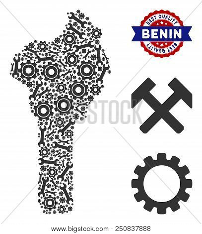 Repair Service Benin Map Collage Of Service Tools. Abstract Territorial Plan In Grey Color And Best 