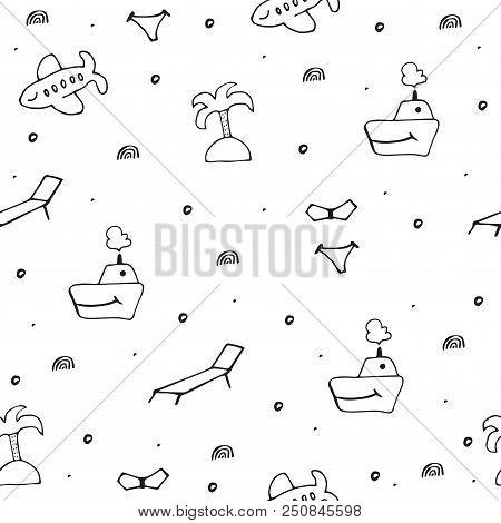 Line Art Pattern With Tropical Vacation Elements. Doodle Illustration. Vector