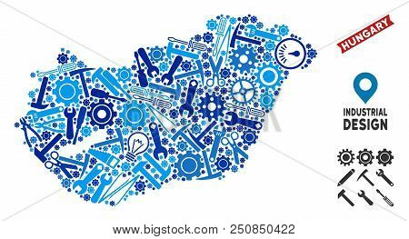 Workshop Hungary Map Collage Of Gearwheels, Wrenches, Hammers And Other Tools. Abstract Geographic S