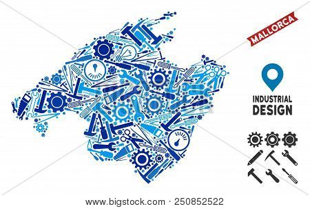Workshop Spain Mallorca Island Map Collage Of Gearwheels, Spanners, Hammers And Other Tools. Abstrac