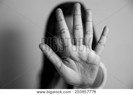 Woman Raised Her Hand For Dissuade, Campaign Stop Violence Against Women. Asian Woman Raised Her Han