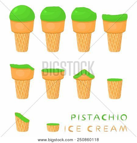 Vector Illustration For Natural Pistachio Ice Cream On Waffle Cone. Ice Cream Pattern Consisting Of 
