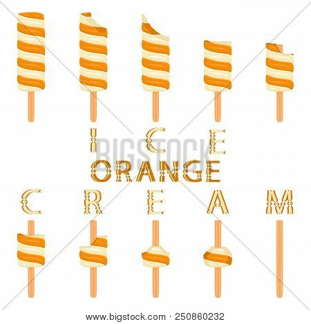 Vector Illustration Logo For Natural Orange Ice Cream On Stick. Ice Cream Pattern Consisting Of Swee