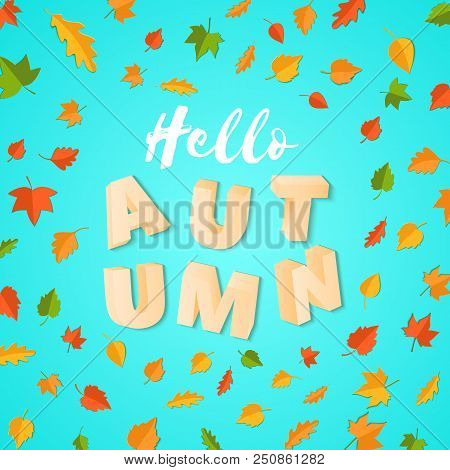 Word Autumn Composition With Green Yellow Red Leaves On Blue Background In Paper Cut Style. Fall Lea