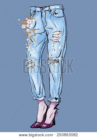 Fashion Illustration Of Femail Legs In Blue Boyfriend Jeans With Holes