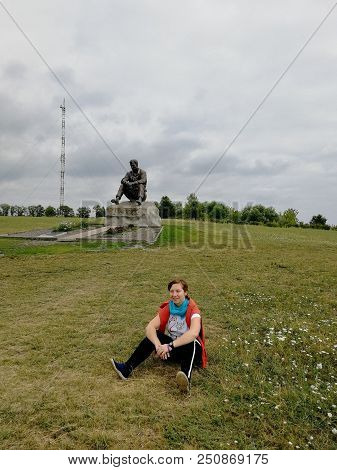 Srostki, Siberia, Altai Region, Russia - 24 July, 2018: Bronze Monument Of Soviet Writer Vasily Maka