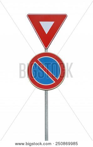 Road Sign For A Red Triangle And No Parking Isolated On White
