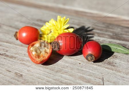 Rosehip Berries On Wooden Background. Autumn Composition. Useful Tea.