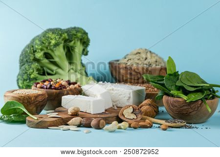 Selection Of Vegetarian Protein Sources - Healthy Diet Concent On Bright Blue Background