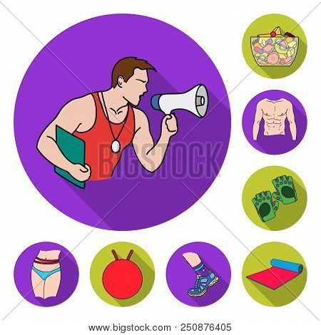 Fitness And Attributes Flat Icons In Set Collection For Design. Fitness Equipment Vector Symbol Stoc