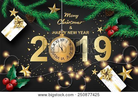 Paper Art Of Merry Christmas And Happy New Year 2019 With Black Tone Color Background Vector Design 