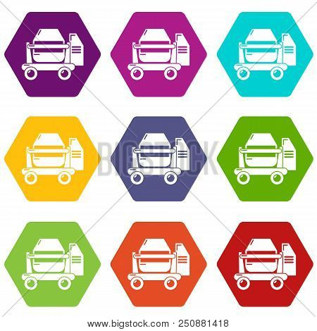 Concrete Mixer Icons 9 Set Coloful Isolated On White For Web