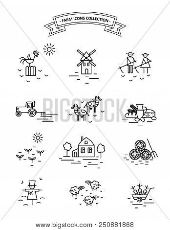 Farm And Agriculture Life. Line Art Icons Set.