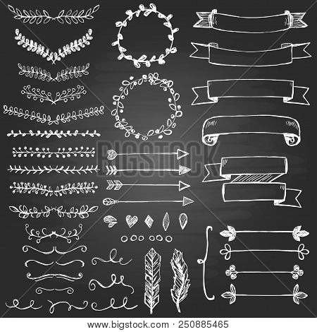 Set Of Hand Drawn Design Elements. Arrows, Wreath, Floral Elements, Swrils On The Blackboard