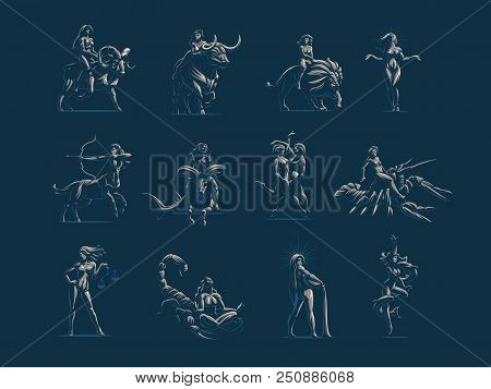 Zodiac Signs. Set Of Vector Emblems. Vector Illustration.