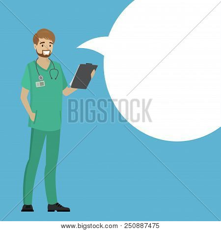 Cartoon Doctor With Speech Bubble, Stock Vector Illustration.