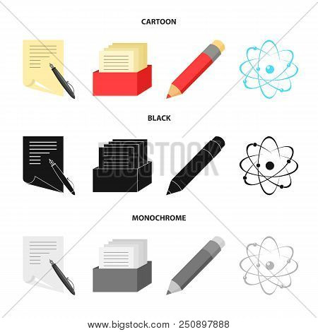 A Pen With Paper, A Catalog In A Box, A Red Pencil, An Atom With A Core. School Set Collection Icons