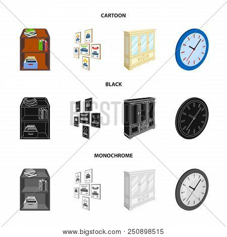 Cabinet, Shelving With Books And Documents, Frames On The Wall, Round Clocks. Office Interior Set Co