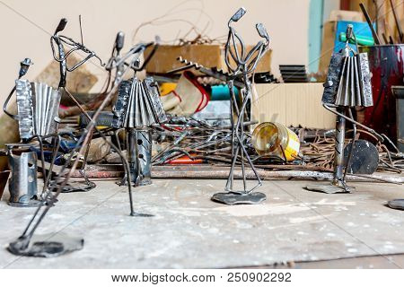 Figures Of Music Performers Accordionist, Violinist And Vocal Are Performing Together. Dancers Are D