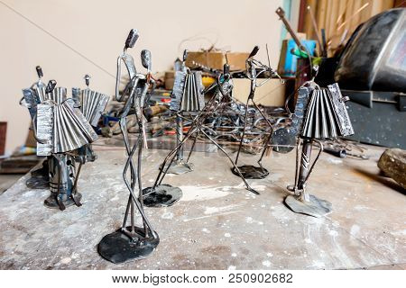 Figures Of Music Performers Accordionist, Violinist And Vocal Are Performing Together. Dancers Are D